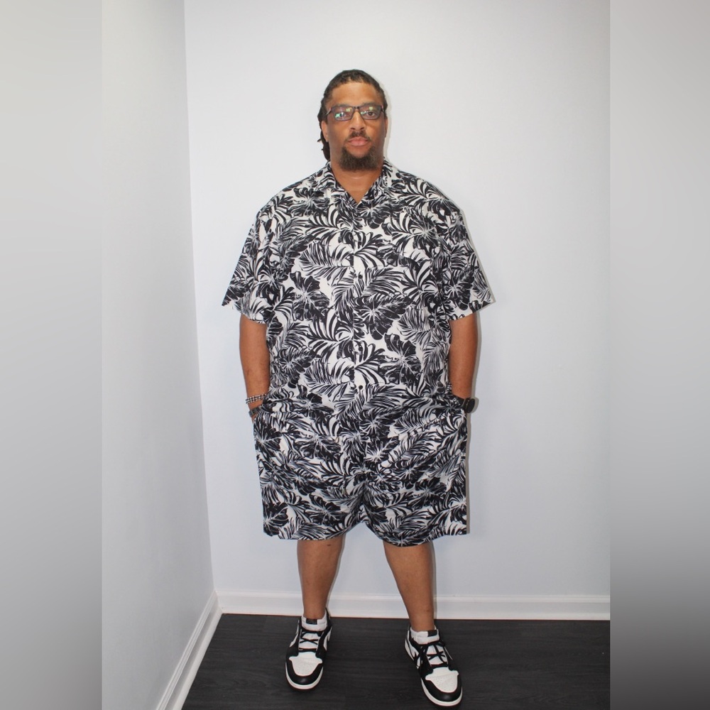 Men's Black and White Tropical Print Suit